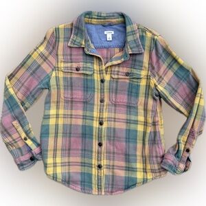 L.L. Bean 1912 Heavyweight Cotton Plaid Button-Up Shirt S Yellow Pink Teal